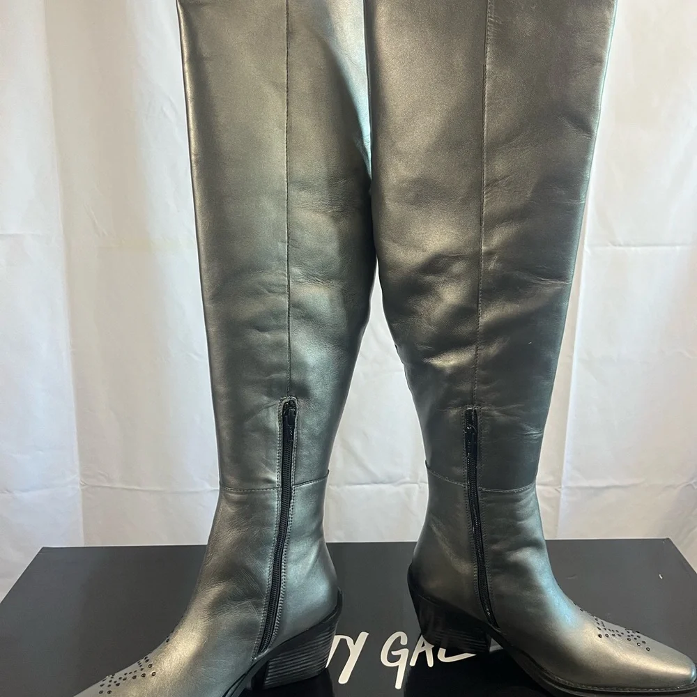 NASTY GAL, Genuine Leather, Gun Metal, Star studded Over the knee high Boots - Picture 7 of 14